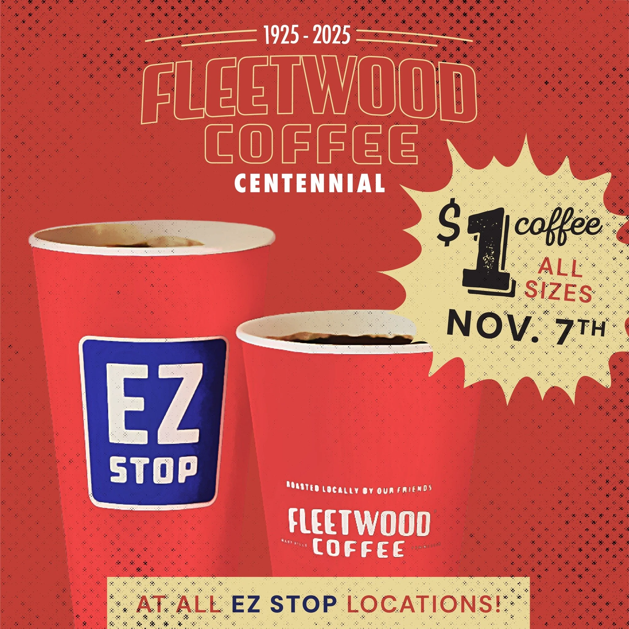 $1 Coffee at all EZ Stop locations this Friday!

And, join us this Friday from 11-1 at the new EZ Stop on the corner of 411 &amp; 129 in Maryville for a Fleetwood Centennial Celebration with WIVK!