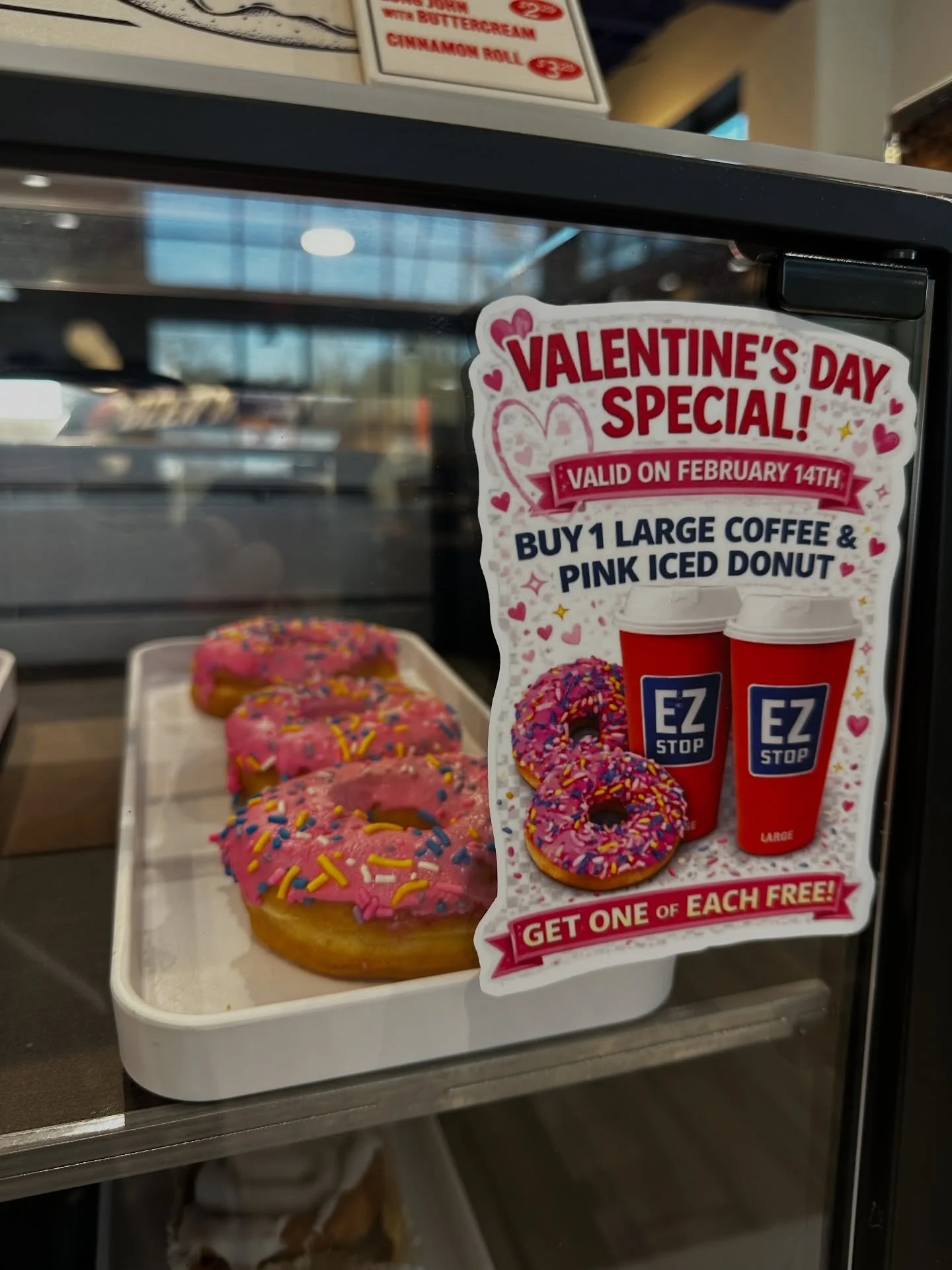 Tomorrow, swing by your local EZ Stop and treat yourself and someone you love❤️

Buy one large coffee and a pink iced donut and get one of each free.