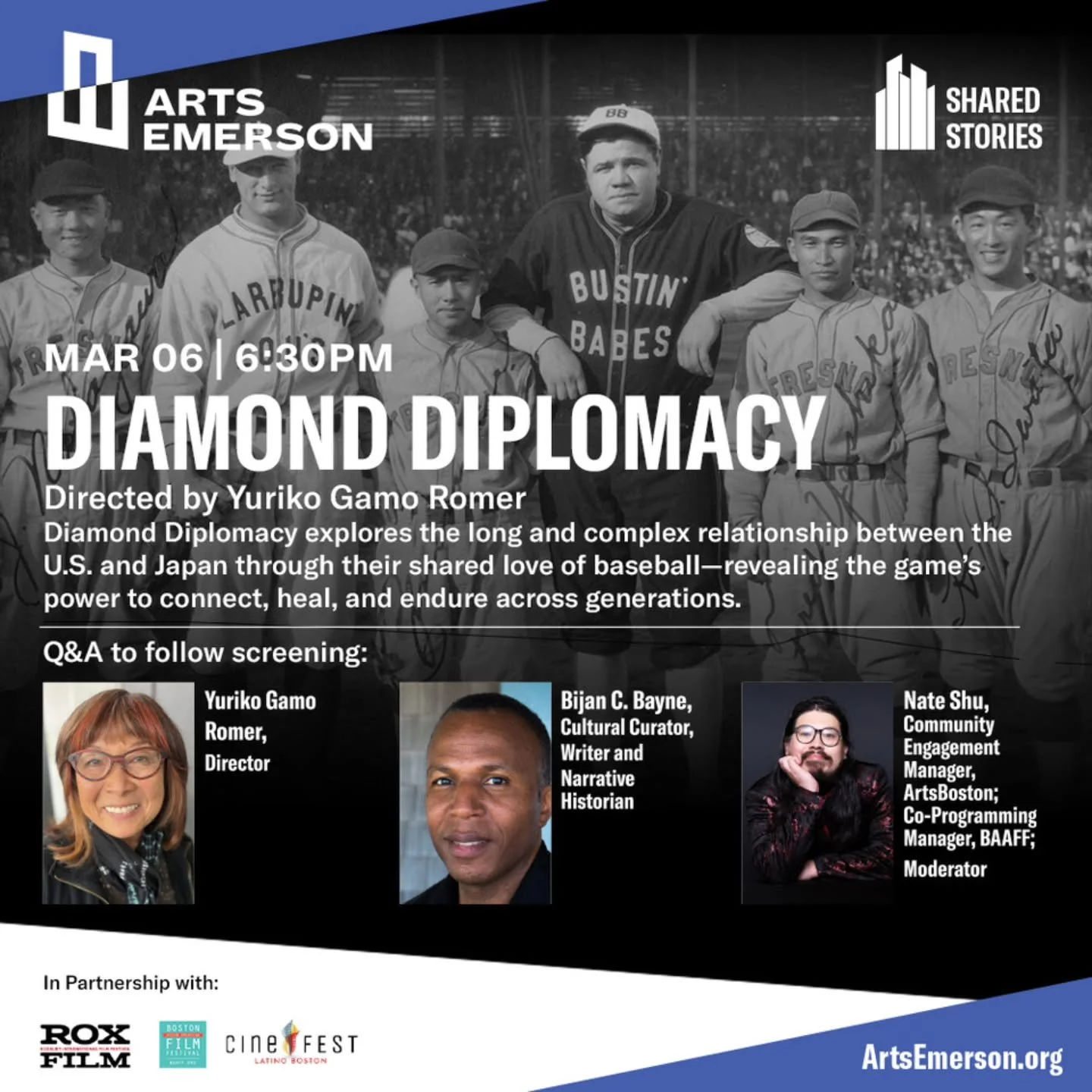 Calling all baseball lovers and documentary film lovers! ⚾️Here is a screening you don't want to miss. ArtEmerson's Shared Stories program presents DIAMOND DIPLOMACY, directed by Yuriko Gamo Romer. ✨️

▫️Diamond Diplomacy
🔸️6:30 PM | March 6th, 2026