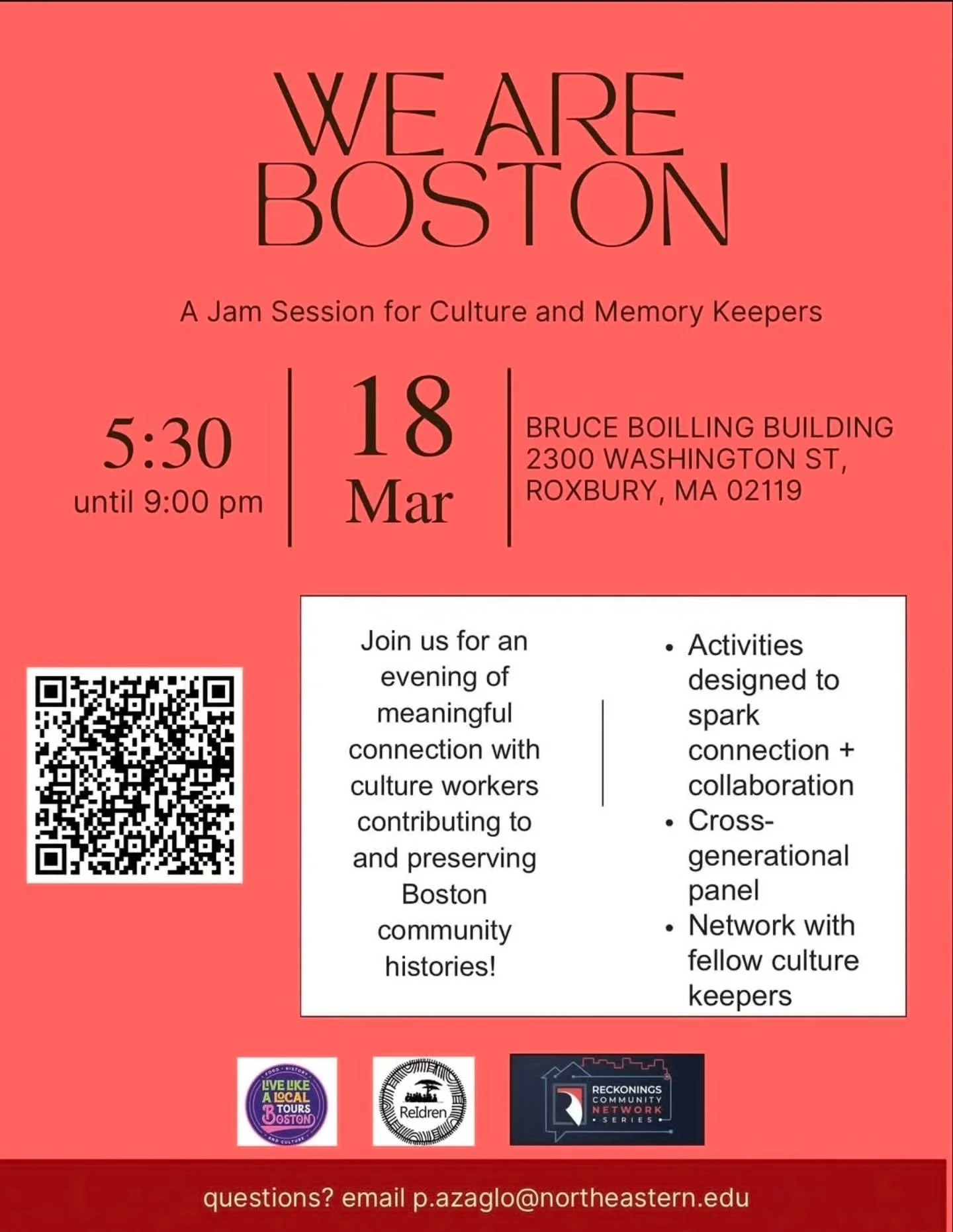 BOSTONIANS! Join us for an evening of meaningful connection with culture workers contributing to and preserving Boston community histories!

Join the Reckonings Community Network Series for an evening of meaningful connection with culture workers con