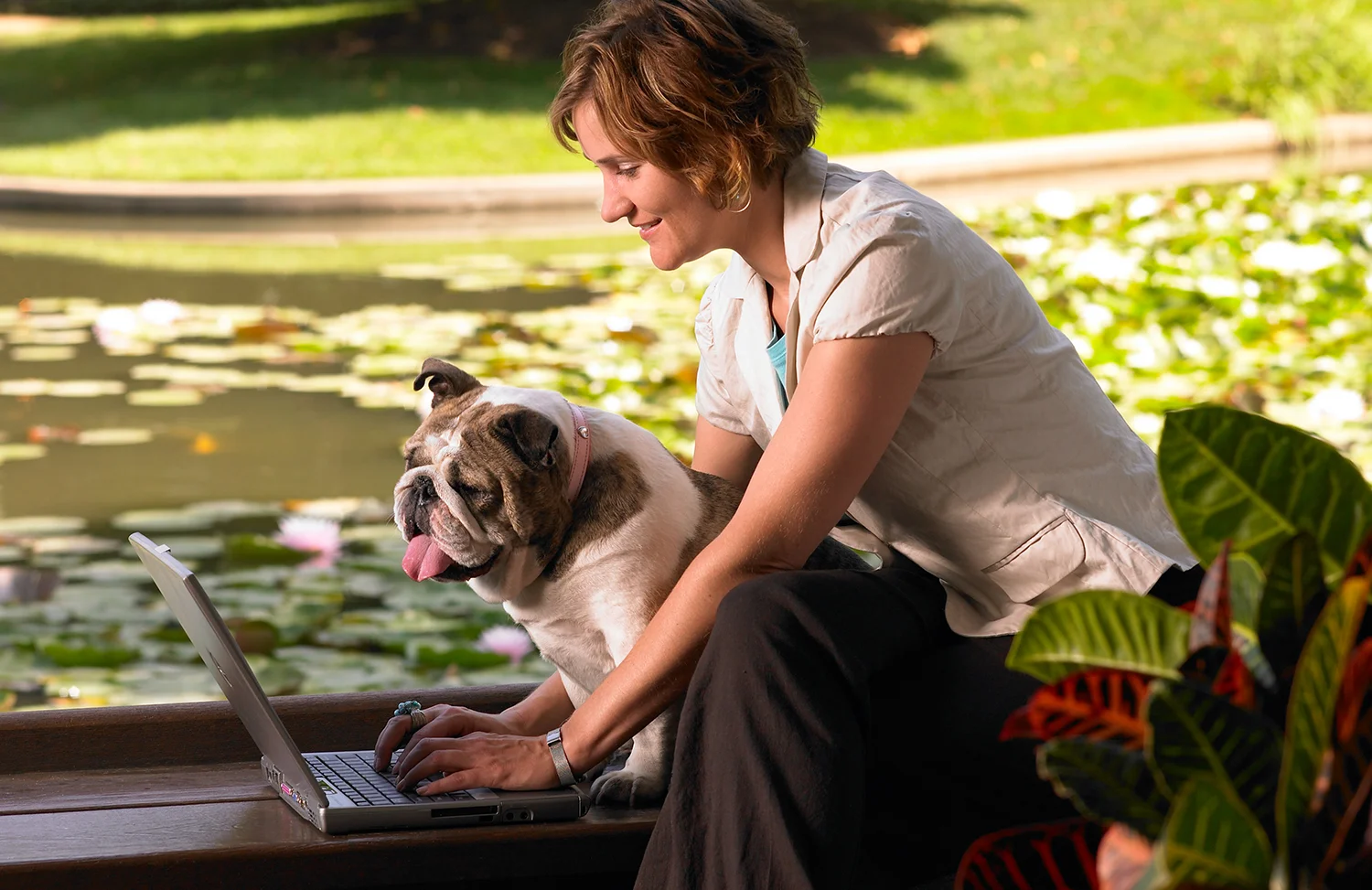 Woman by lake w-dog and computer_1500.jpg