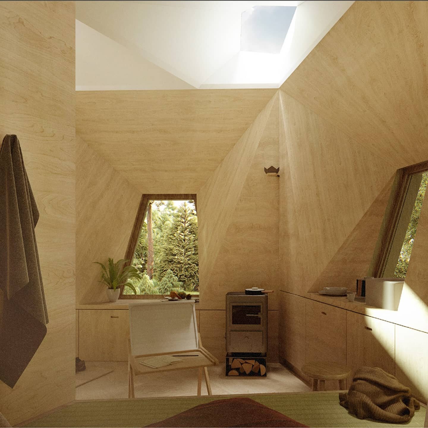 Interior view of &quot;Nur&quot; - a meditation cabin for #vipassana retreats
*
Swipe for elevation, plan and section views as well as the night exterior render
*
Interior all plywood panelling with deep window sills, suitable for perching and gazing