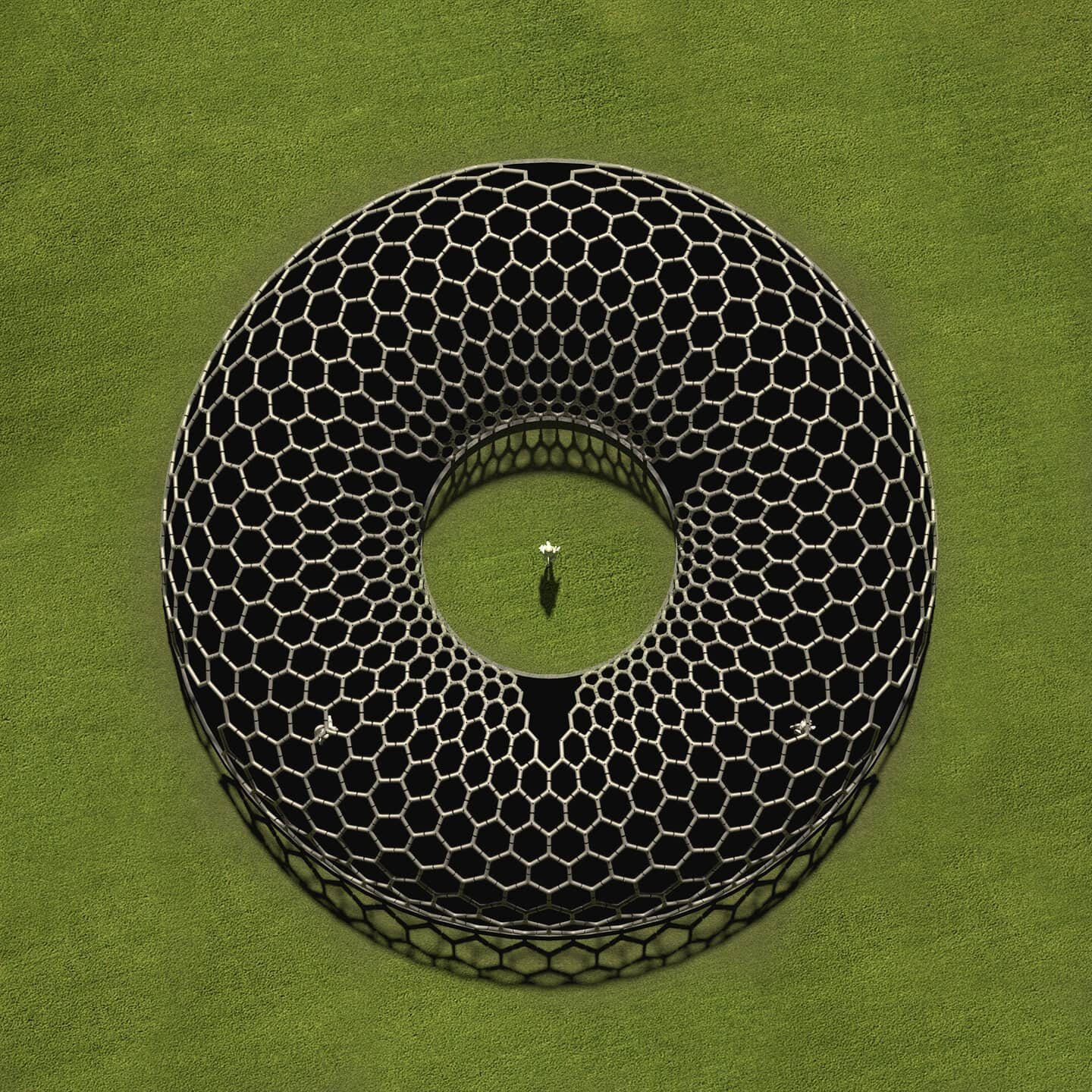 Aerial view of a proposal for an art pavilion designed to scale up a patented jewellery component designed by @atelierhg
*
The pavilion embraces the donut-like form of the #torus which is considered a sacred geometry as it expresses the electromagnet