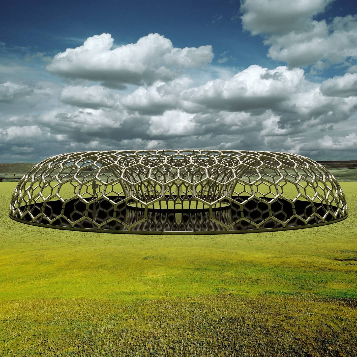 View of the Torus Pavilion from the ground, situated in a place that may no longer exist except in some NFT simulation..
*
The next render is a mock up of this jewelly-based architecture situated in a lake or some place of profound reflection... #axo