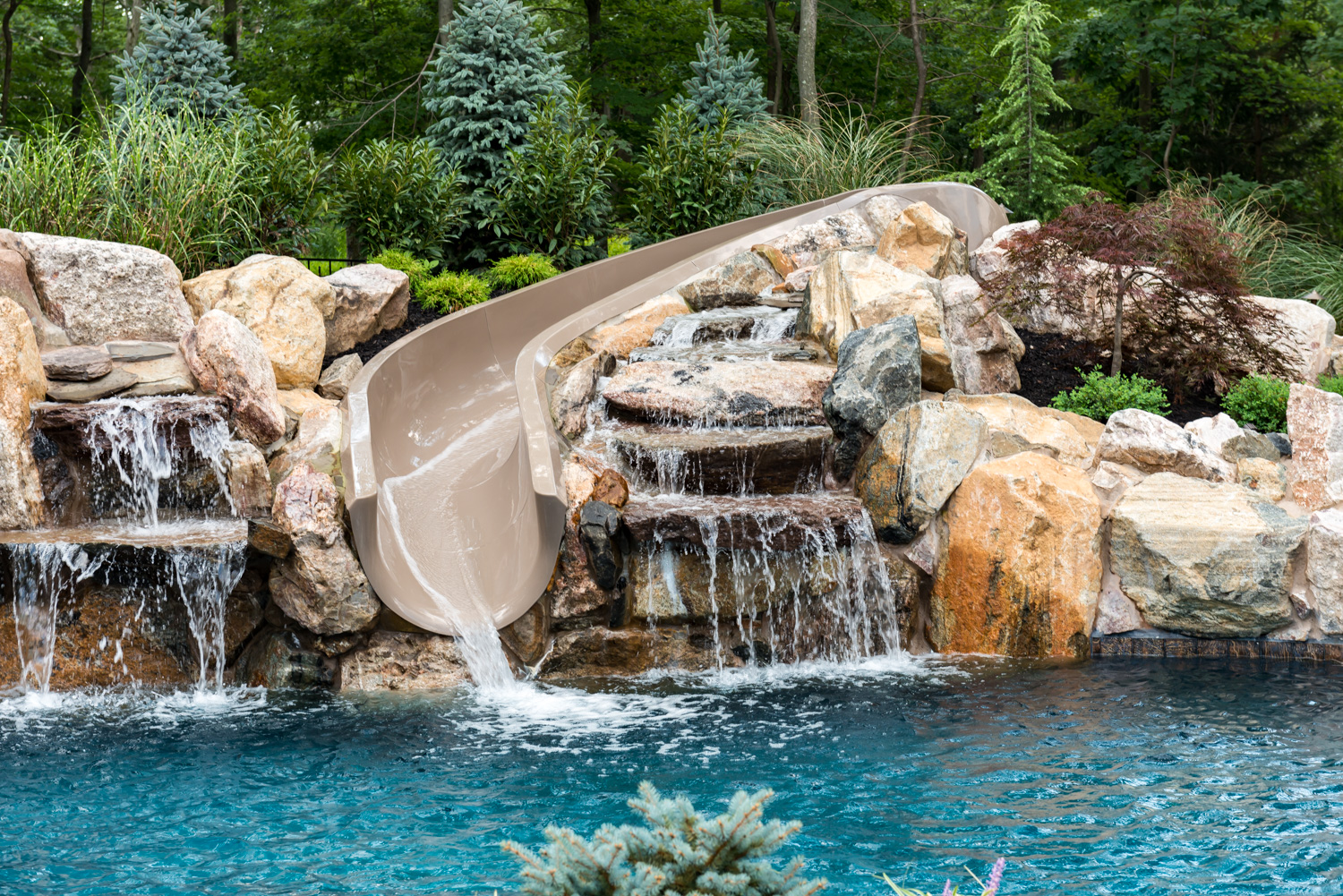 Nj Custom Designed Swimming Pool Slides And Water Features For Residential Properties K C Land Design Construction Nj Custom Designed Swimming Pool Slides, Custom Pool Slides For Inground Pools