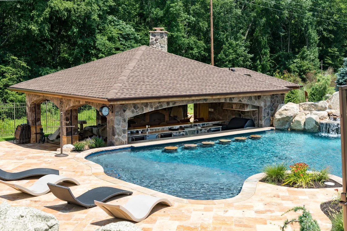 Chester NJ Backyard Resort Environment with Pool, Spa, Water Pavilion