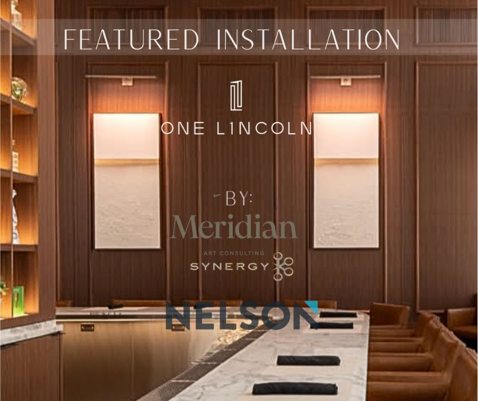 Interior of a wood-paneled room featuring two rectangular mirrors, a marble counter with black mats, and brown chairs, with text overlay indicating a featured installation by Meridian and Nelson.
