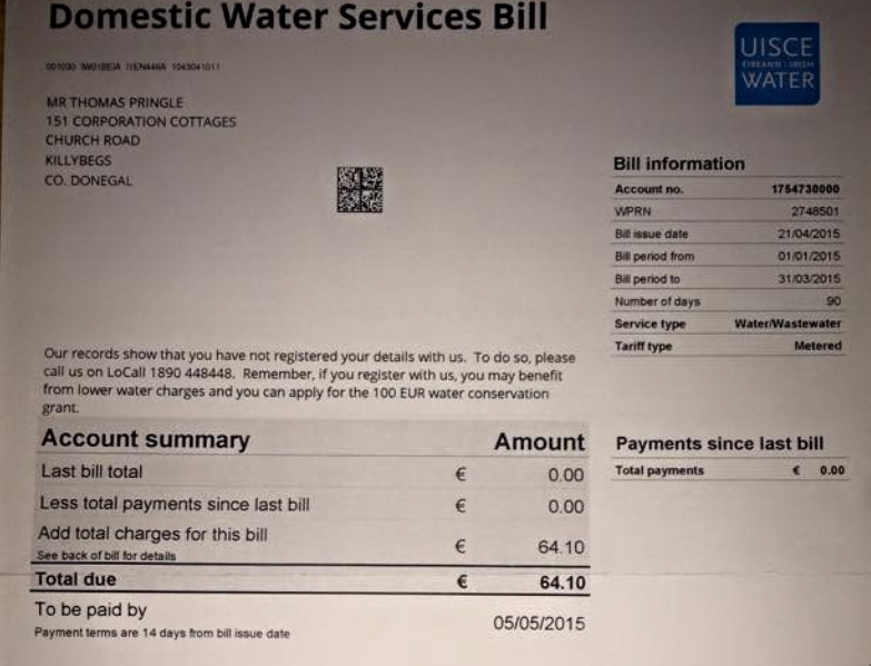 Quarterly Irish Water Bill which now lies deep in a bin in Letterkenny.