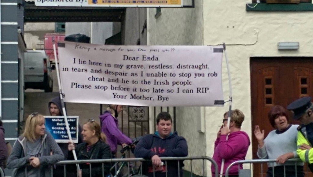 A poster unfurled by water protesters in Glenties yesterday evening has been described as 'disgusting' and 'deplorable.'