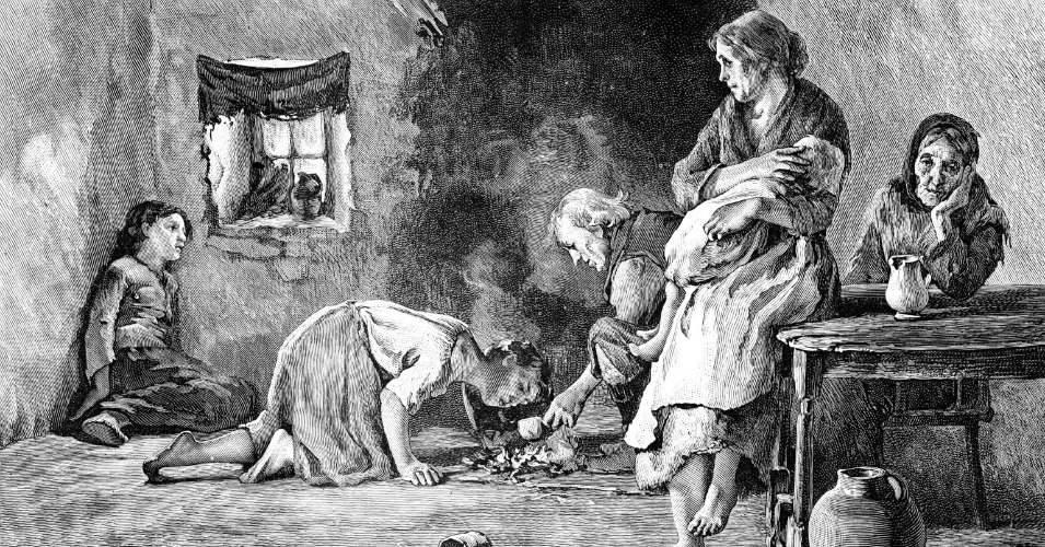 To support the famine relief effort, British tax policy required landlords to pay the local taxes of their poorest tenant farmers, leading many landlords to forcibly evict struggling farmers and destroy their cottages in order to save money. (Sketch: The Irish Famine: Interior of a Peasants Hut)
