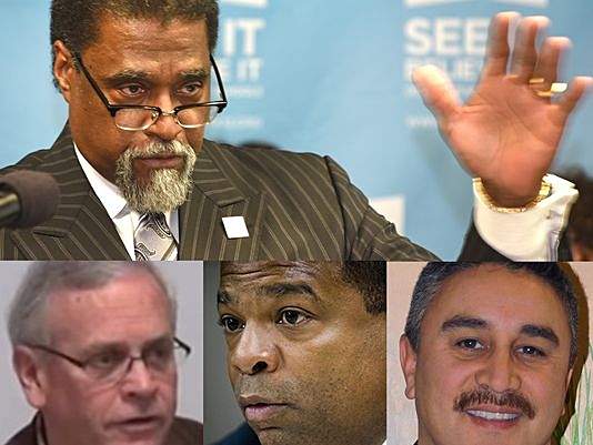 Top row: Former emergency manager Darnell Early. Bottom row, from left: Former emergency manager Gerald Ambrose, former Flint Public Works Director Howard Croft and his subordinate, Daugherty Jones. All face criminal charges in the Flint water crisis.(Photo: Detroit News, AP, YouTube)