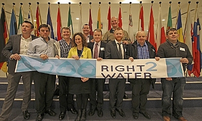 Brendan Ogle, Unite, far left and Philip McFadden, SF, far right in 2015 in Brussels to support Lynn Boylan's Citizen Initiative.
