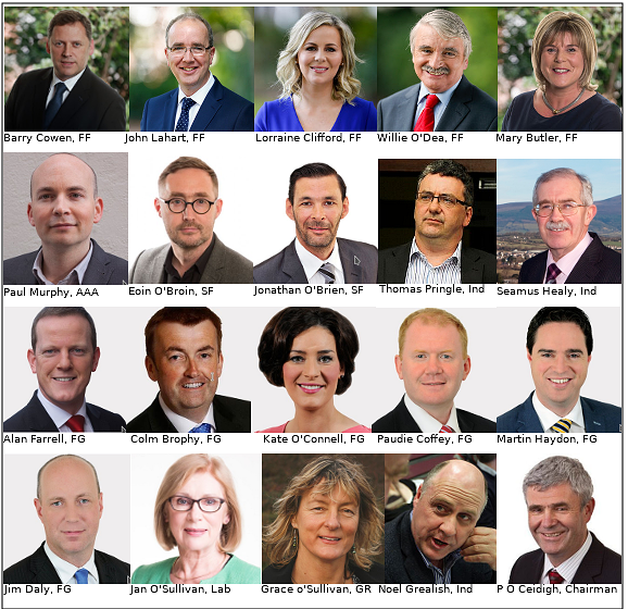 Twenty members of the Joint Oireachtas Committee on Future Funding of Domestic Water Services. Top two rows were professed anti water charges, anti metering and anti Irish Water delegates.