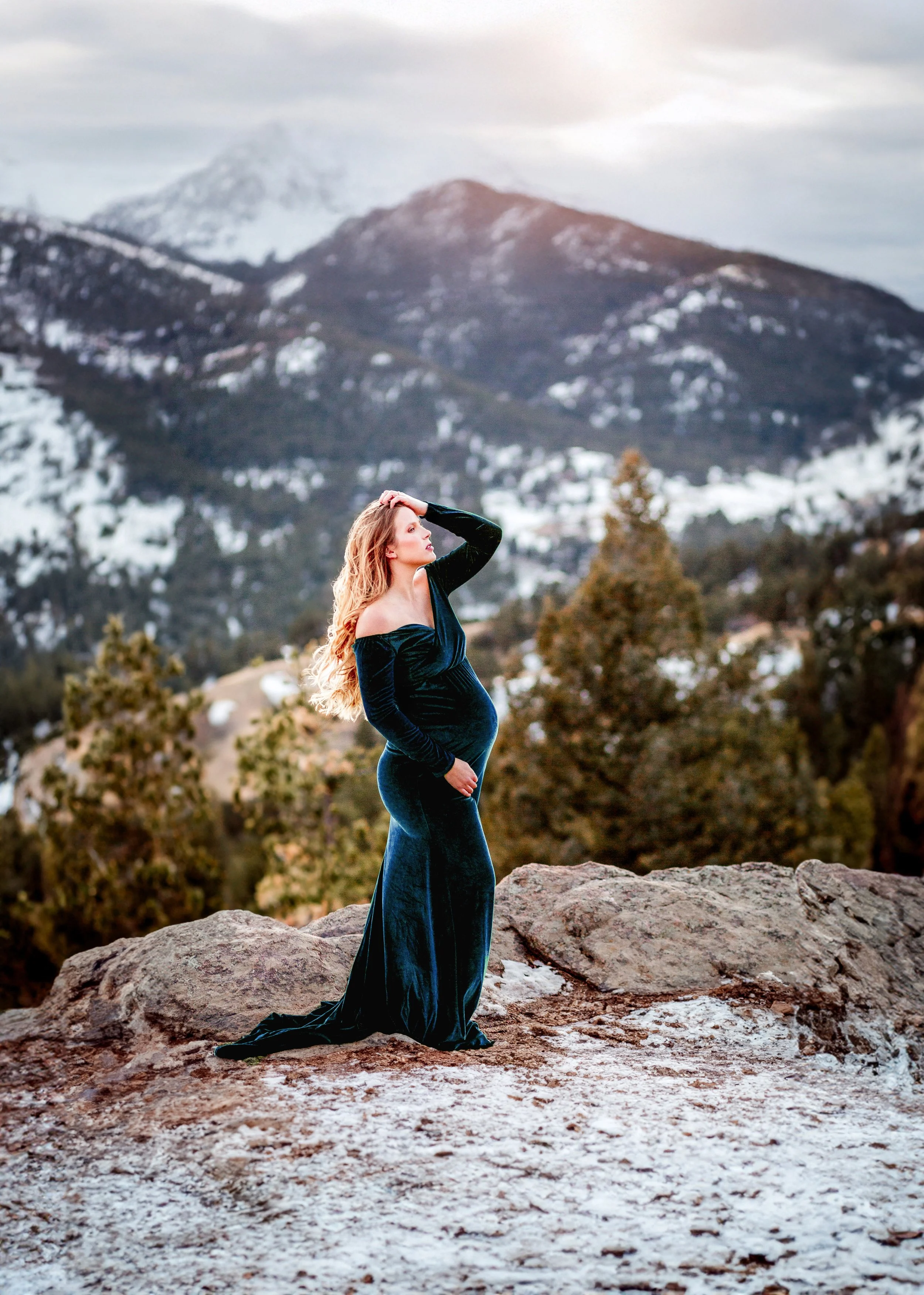 Denver mountain top sunset maternity photos, pregnancy photos in the mountains at sunset