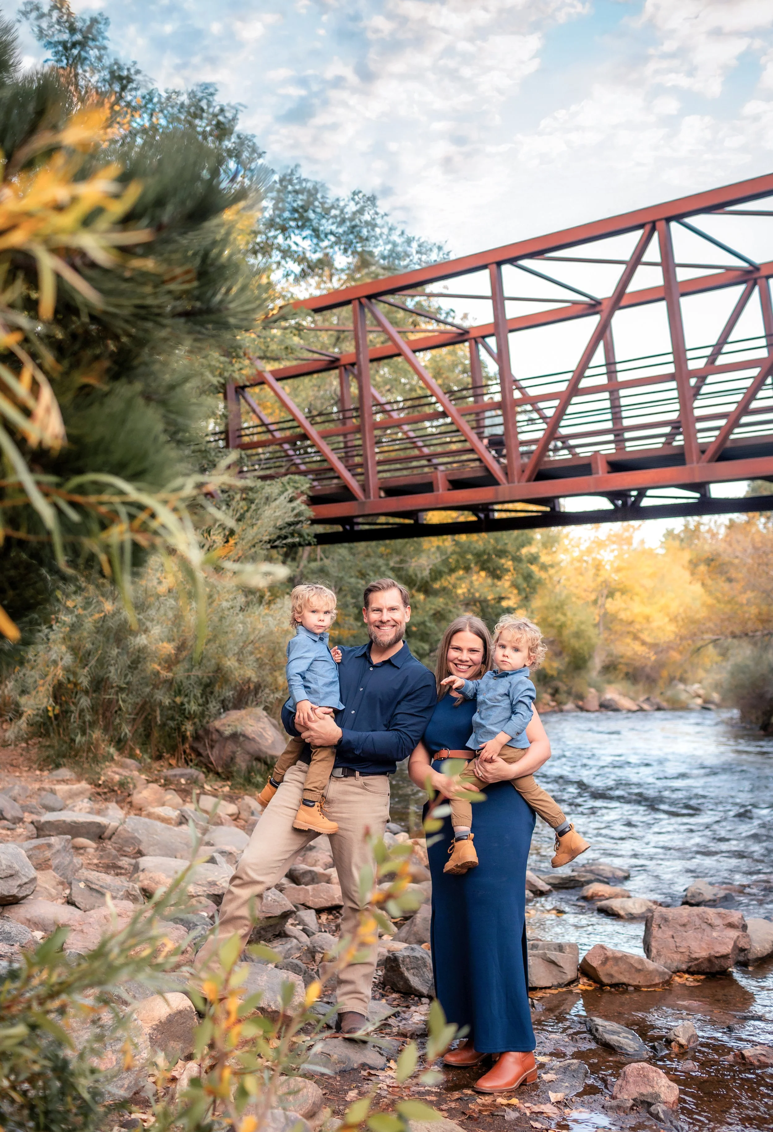 Denver Family Photographer, Denver Portrait Family Photographer, Denver Family Photos, Denver Family Photos with twins, Toddler outdoor family photo session, Creekside family photos in Denver, Mountain Family Photos Colorado