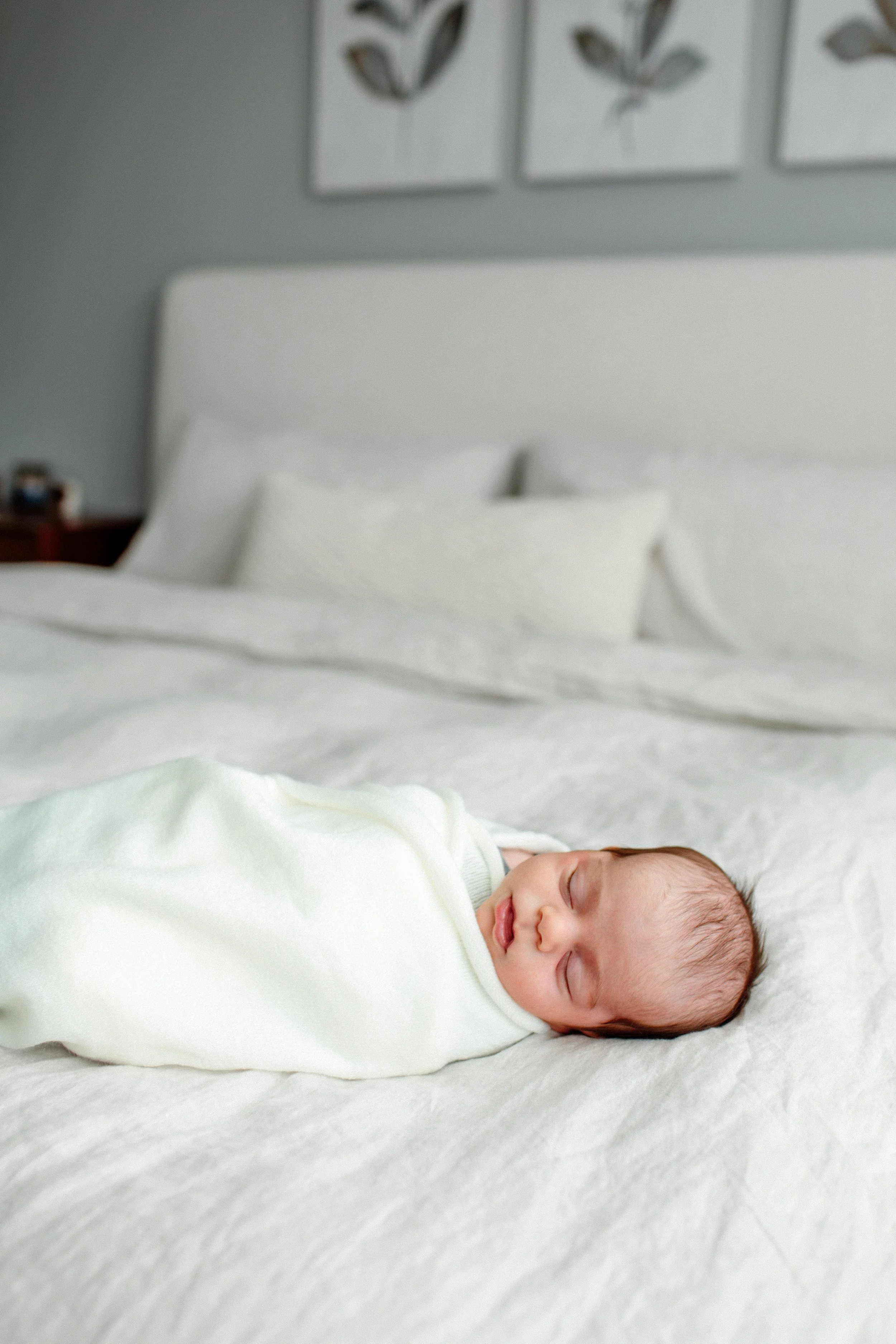 Denver Lifestyle Newborn photos in home, denver in home newborn photos, baby laid on parents bed swaddled