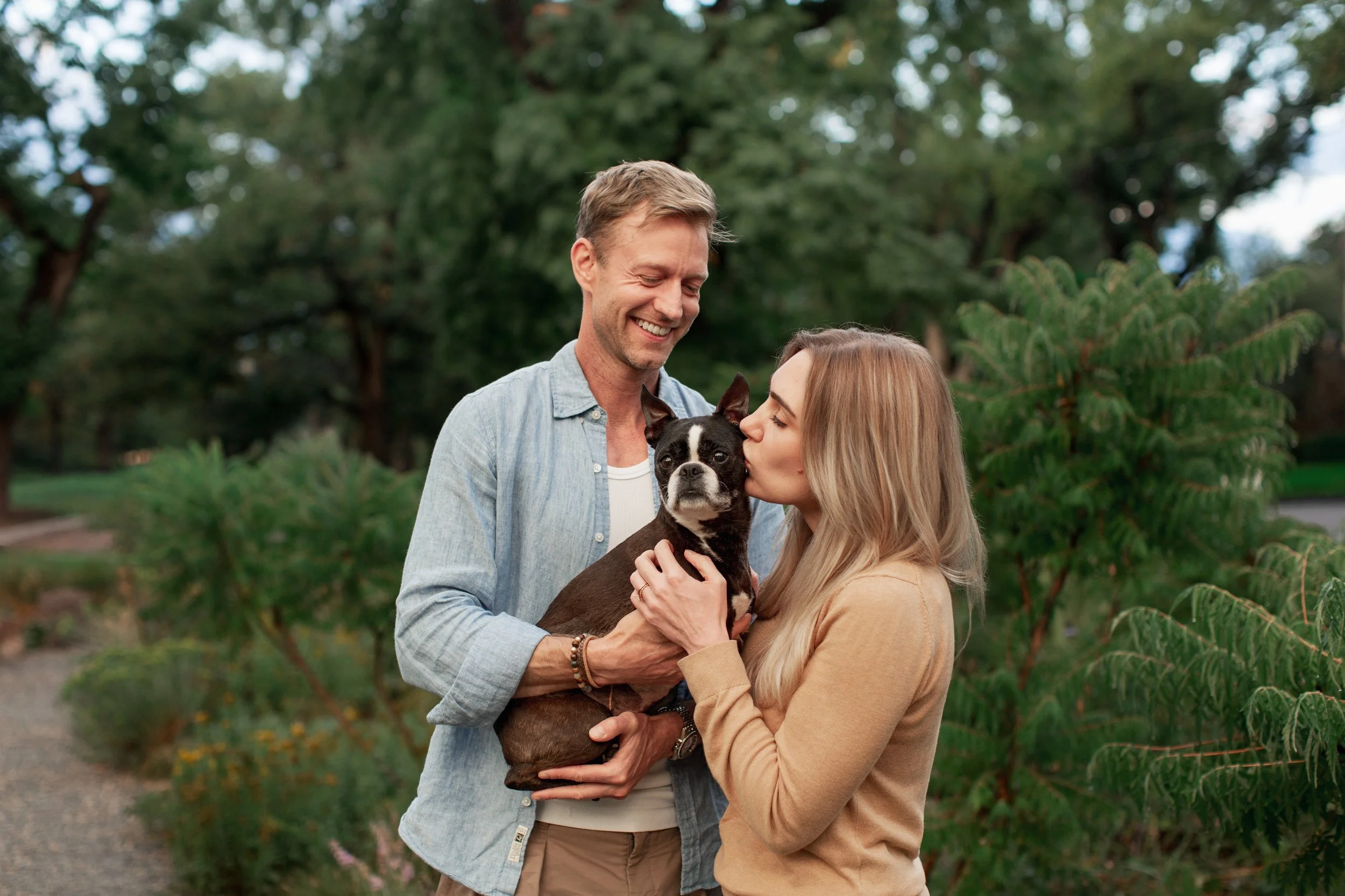 Senior Boston Terrier photographed outdoors in Denver during a pet memorial photography session with her owner.