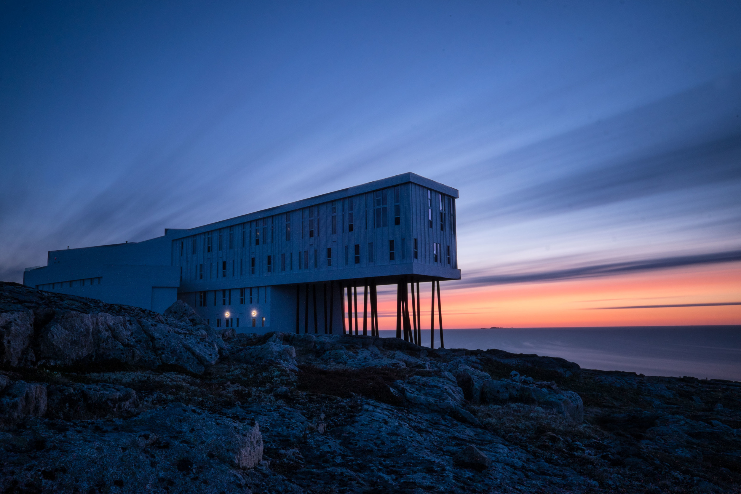 10 minute exposure of Fogo Island Inn using Lee Filters Big Stopper.&nbsp; The direction of the wind and light streaks made for a fun image.&nbsp; Only thing better would have been if more lights were on in the Inn... but c'est la vie.