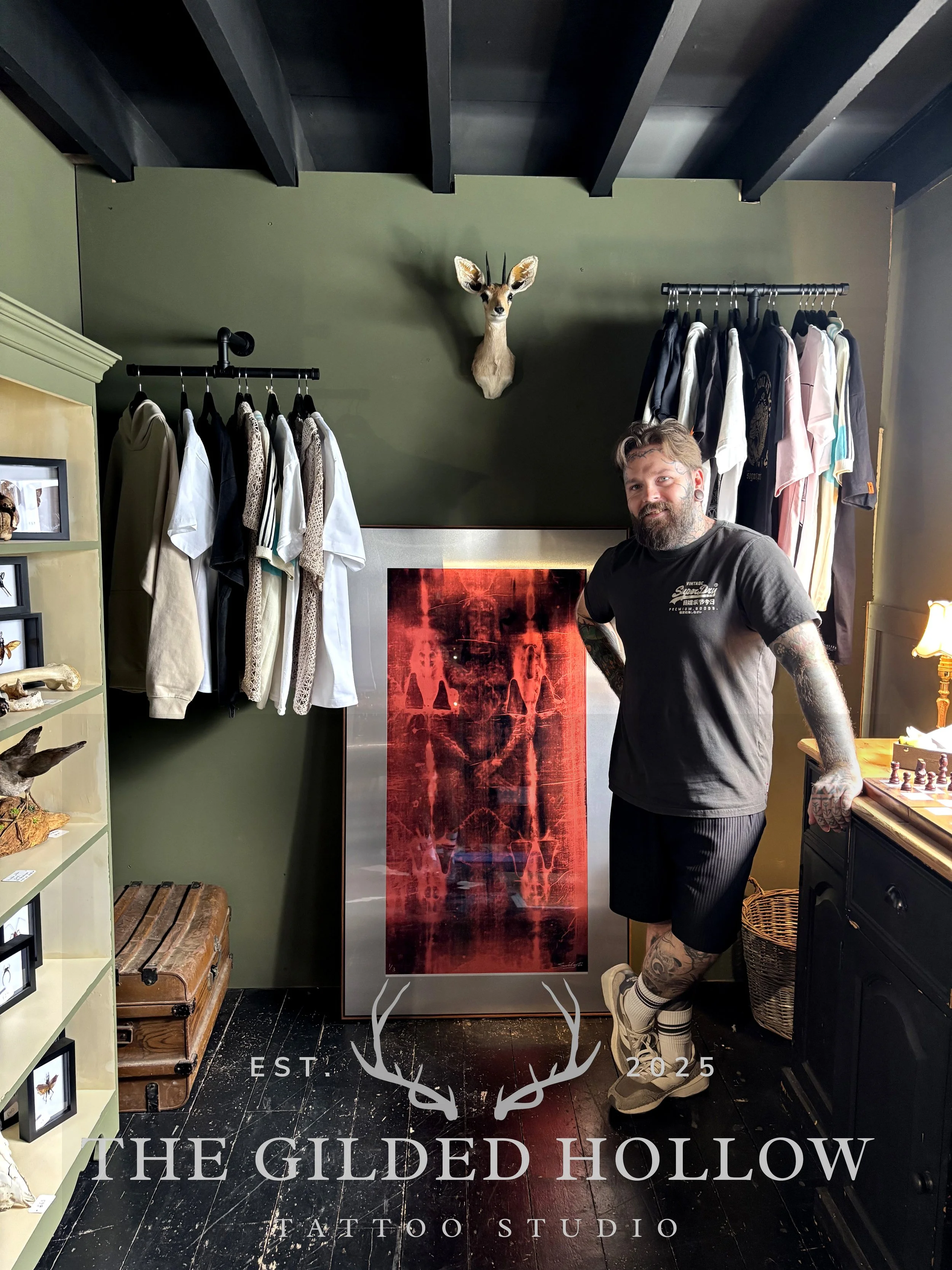 "Resurrection" (Shroud Of Turin) artwork by Louis Sidoli with tattooist Callum Parr at “The Guilded Hollow” Tattoo Studio, Warwick.
