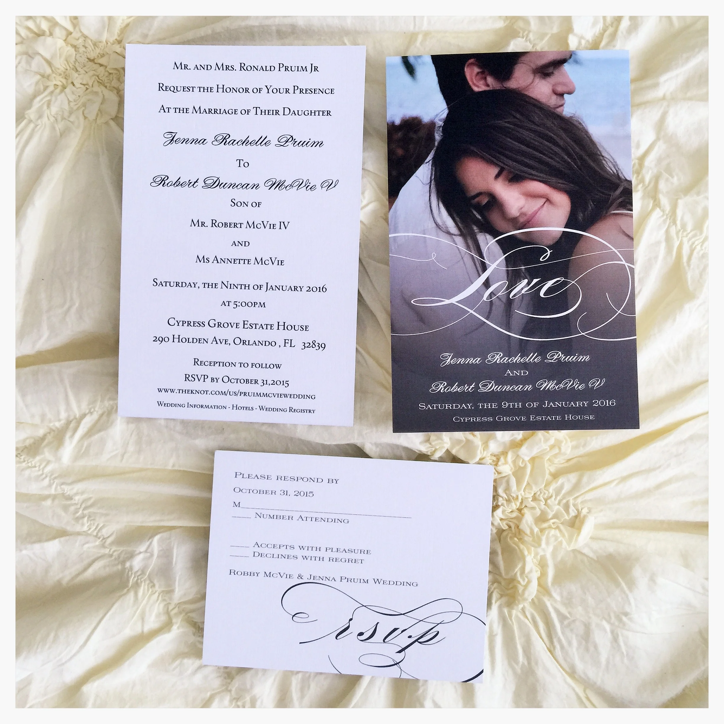 ** The invitation is two sided. We chose our invitations to be printed out on linen paper to give it more of an elegant feel.