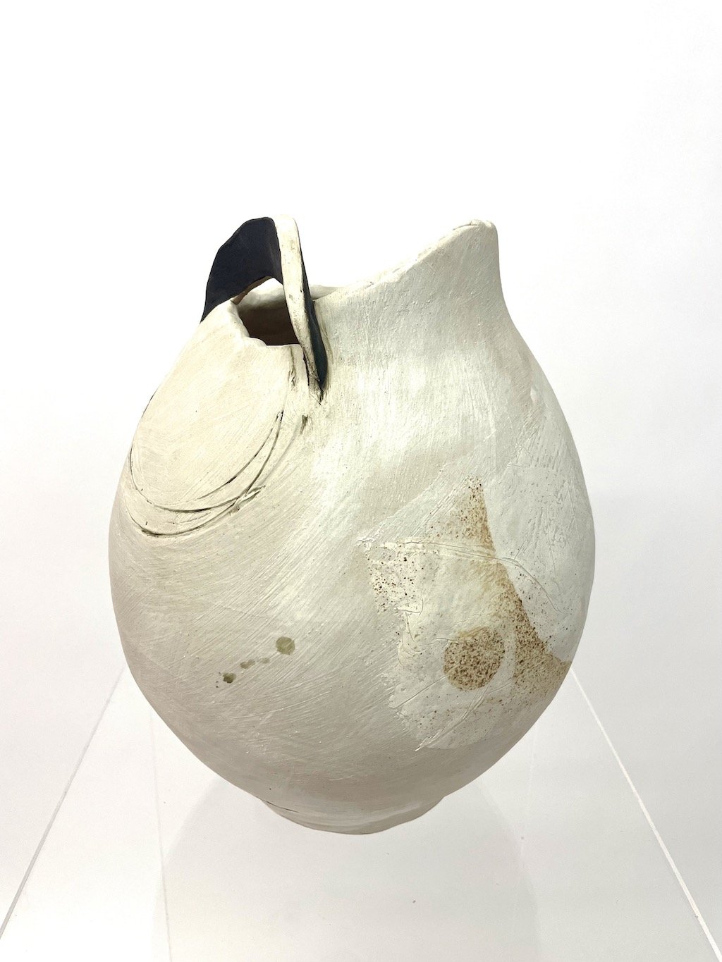 Moon Vessel Five, Stoneware with slip, underglaze and underglaze pencil, with Abalone Pink interior glaze, 13h" x11”w x 11"d, 2022.