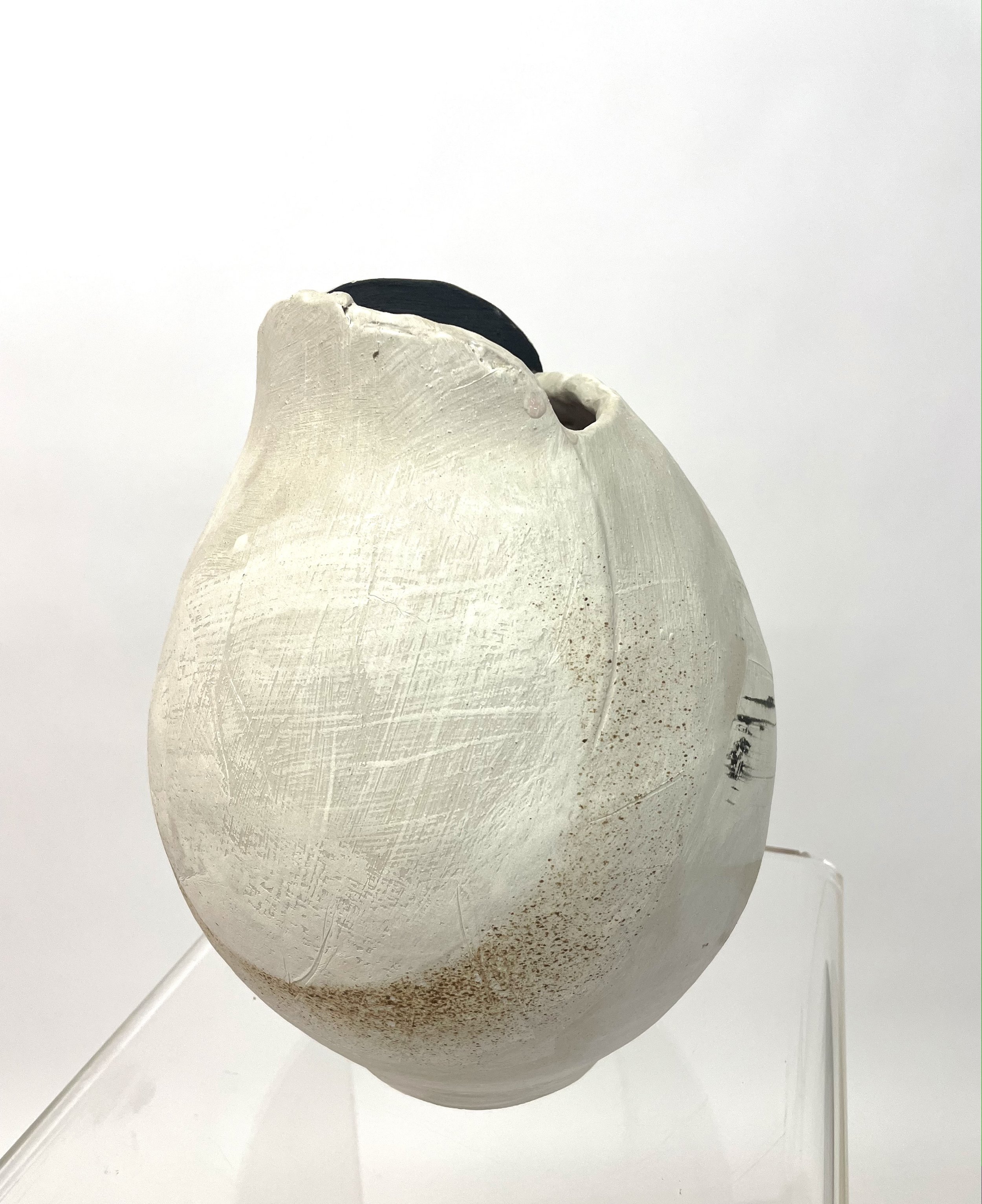 Moon Vessel Five, Stoneware with slip, underglaze and underglaze pencil, with Abalone Pink interior glaze, 13h" x11”w x 11"d, 2022.