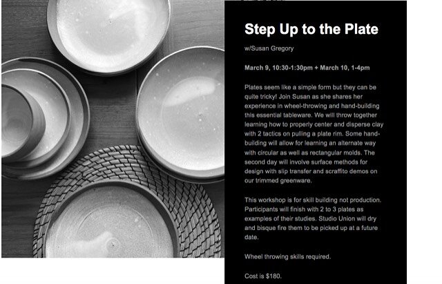 Hey! I&rsquo;m rotating back into the teaching team @studiounion_chs leading a workshop to learn about plate making the weekend of 3/9-10. This is for potters who would like to skill build on the wheel and with hand building. We&rsquo;ll cover some o