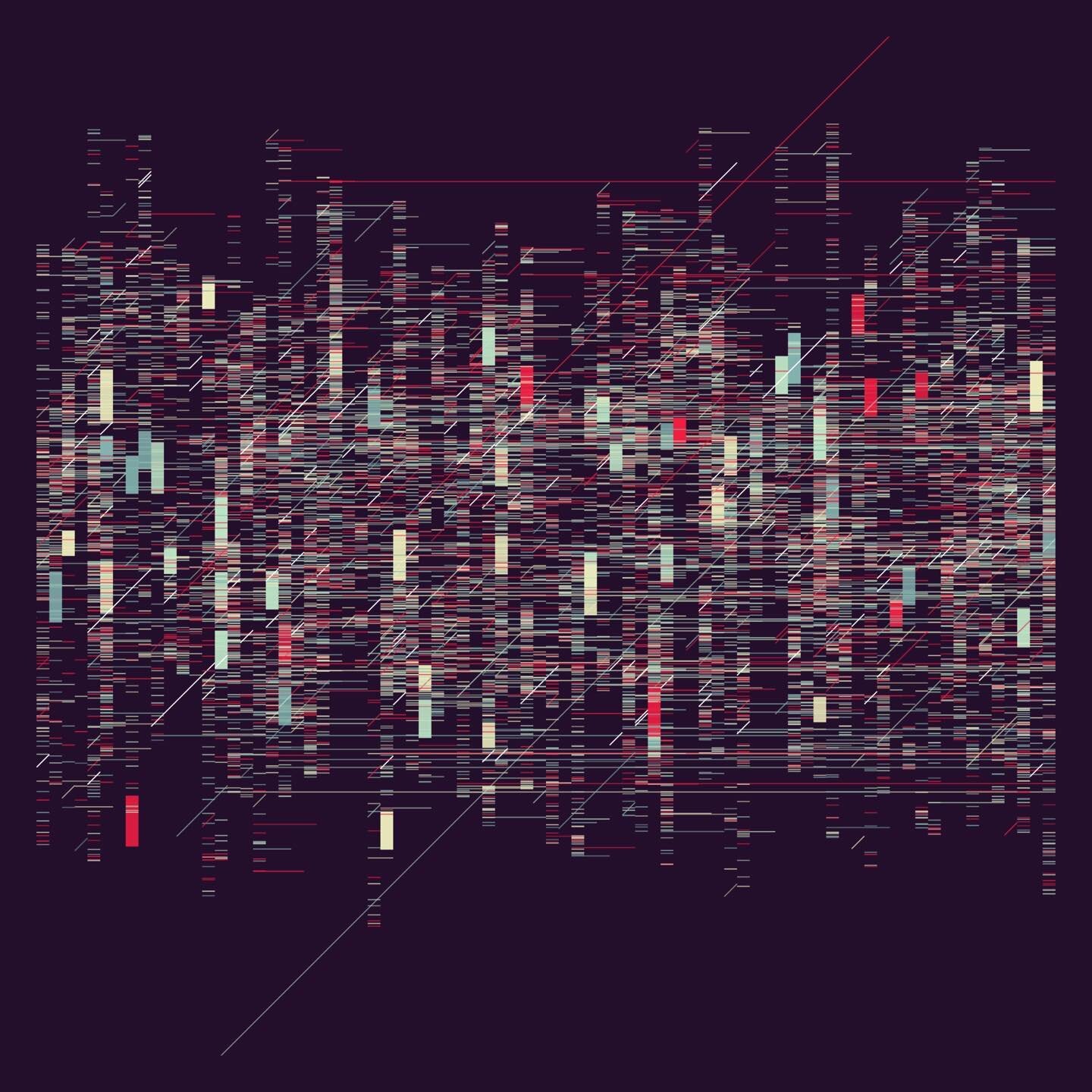 #p5js #creativecoding @creativecodeart Variation of the &lsquo;noise()&rsquo; example from the p5.js reference, with some random() thrown in for good measure. In this case I&rsquo;m continuously adding a single line or rectangle to a column in the co