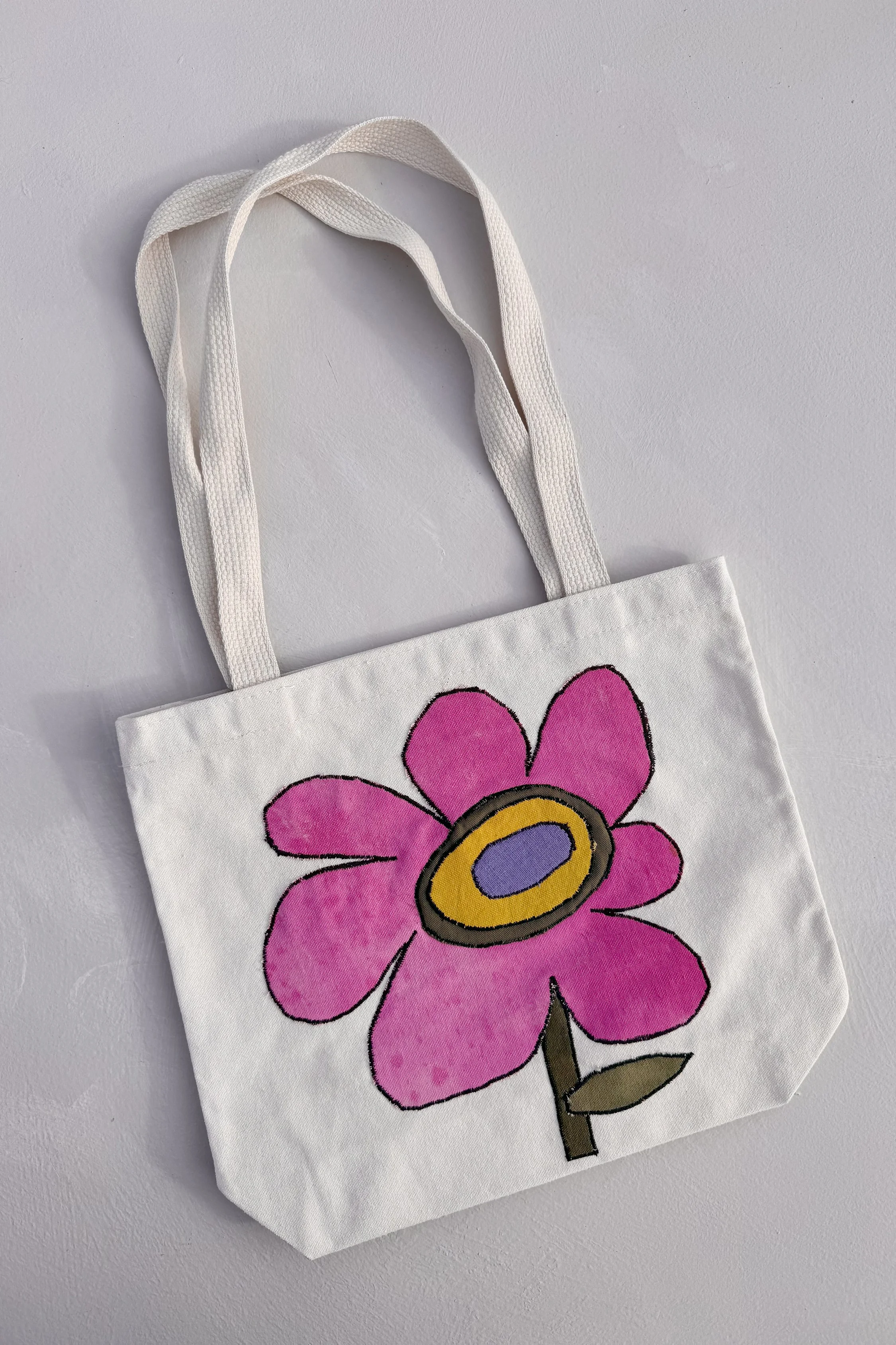 Pink flower - Appliqué embroidered recycled cotton tote bag