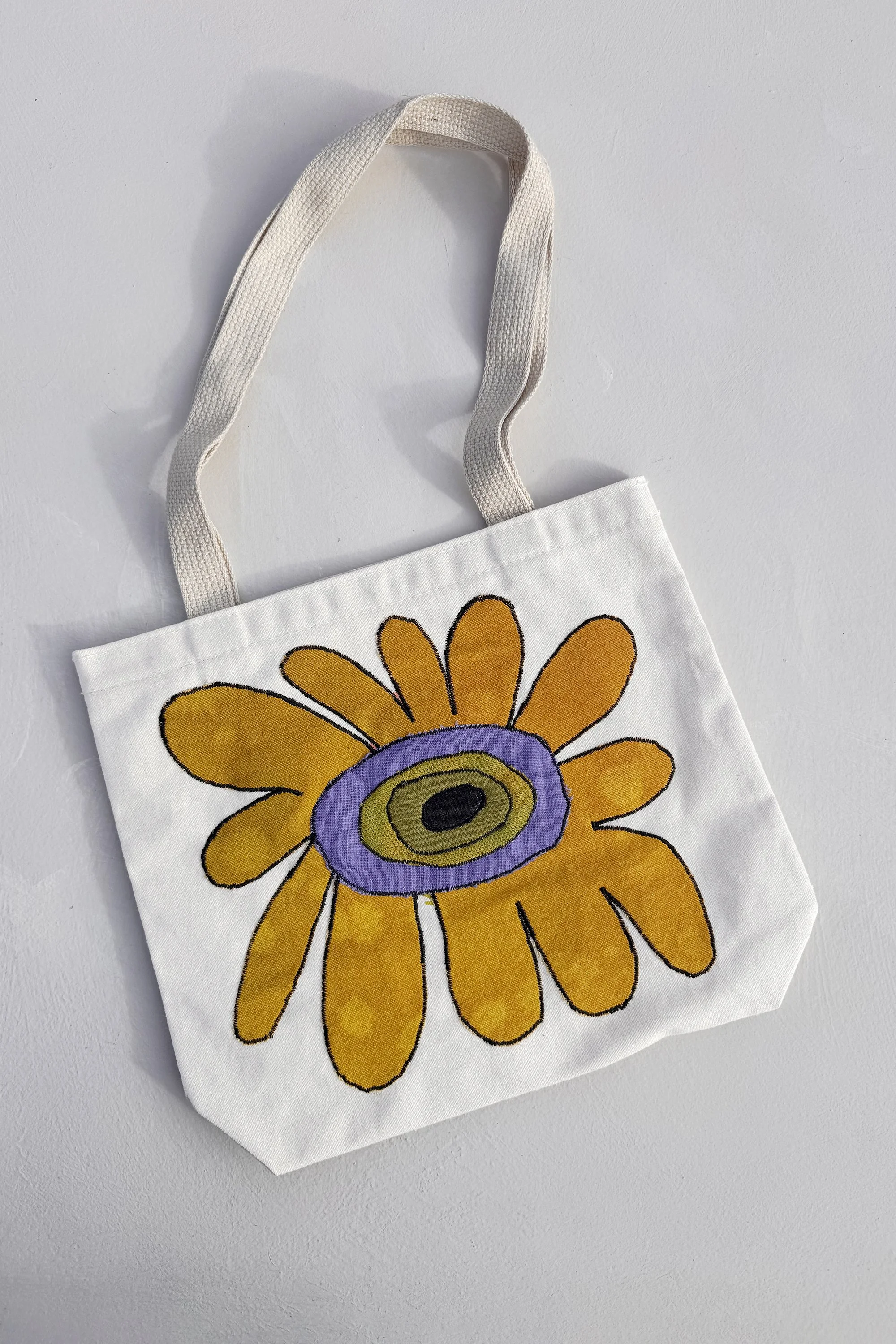 Dark yellow flower - Appliqué embroidered recycled cotton tote bag