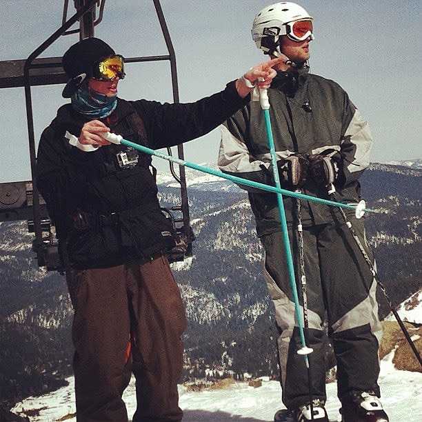 Here&rsquo;s one for throwback Thursdays! If your a squaw nut what chair lift is behind us? #keepsquawtrue #predatorwear #northtahoe #squawvalleyusa #c2 #milesminnophotography #mountains #snow #chairlift #laketahoe #gopro #armadaskis #oakley #predato