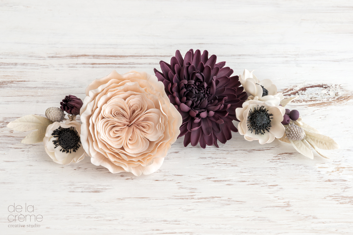 Sugar Flowers: David Austin Roses done in dusty blush, Dark Dahlias and Black-centered Anemonies.