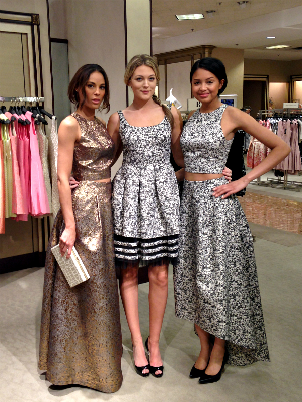 Models at the designers' in-store appearance at Neiman Marcus in Boston. From left to right, Torchon Metallic Top, $225 and Skirt, $595 , Sleeveless Tiered Party Dress, $495 , and Granite Print Crop Top. and Skirt, $495 .