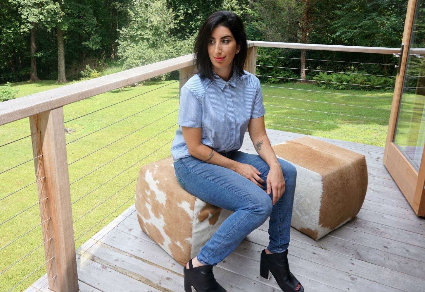Alice and Olivia blouse (similar here and here ), Gap Jeans , Balenciaga Sandals (similar style here )