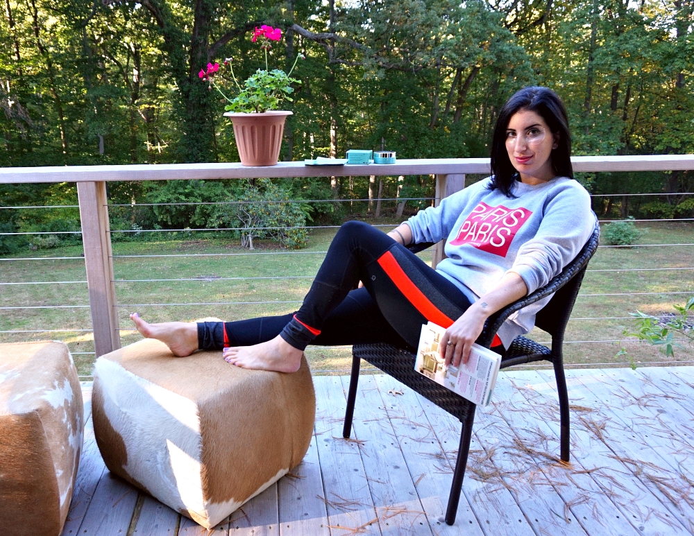 Paris Paris Sweatshirt, ElevenParis ( similar here ), GapFit gFast Animal Stripe Leggings in Lava Orange, $65 ( on sale for $46 !), Patchology FlashPatch Eye Gels , $50, provided c/o.