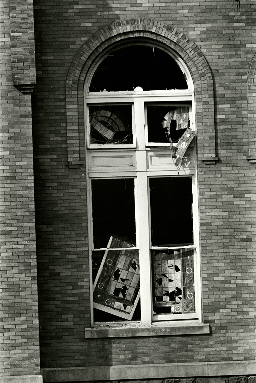Broken windows at the 16th Street Baptist Church, Birmingham, AL, 1963