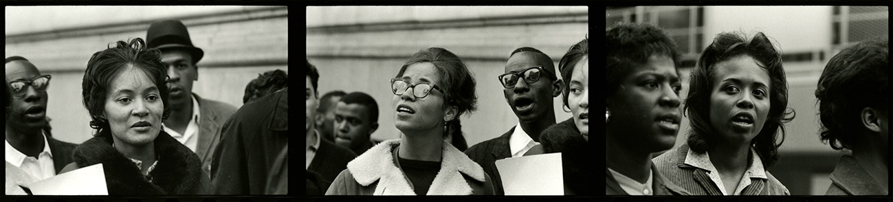 SNCC leaders Joy Reagon, Jessie Harris, Peggy Dammond, Sam Block, and Dorie Ladner march through the streets of Nashville, 1962