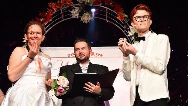 Hannah  Gadsby: 'Zoe and Rhys first met when they were flaunting their lifestyles at the Sydney gay and lesbian Mardi Gras', for Rhys Nicholson and Zoe Coombs Marr - 2016