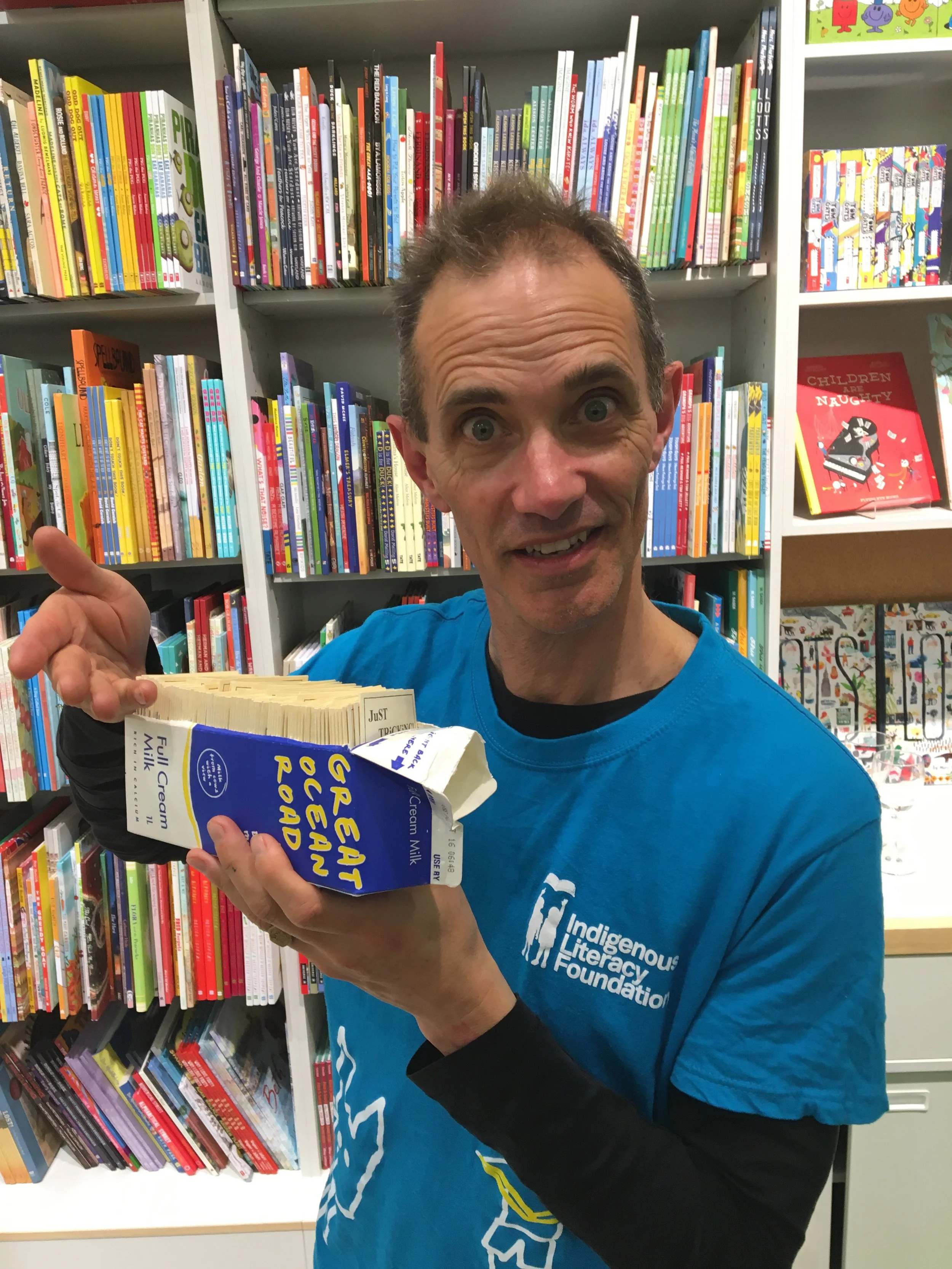Andy Griffiths: 'If you order a quantity of 300 you’ll qualify for these two attractive milk carton dumpbins', Opening of Readings' Kids - 2016