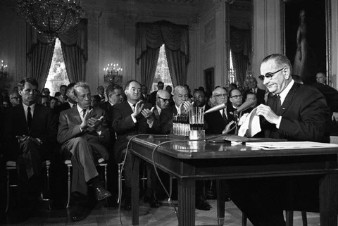 Lyndon B. Johnson: 'We believe that all men are created equal. Yet many are denied equal treatment', remarks on signing of Civil Rights Act - 1964