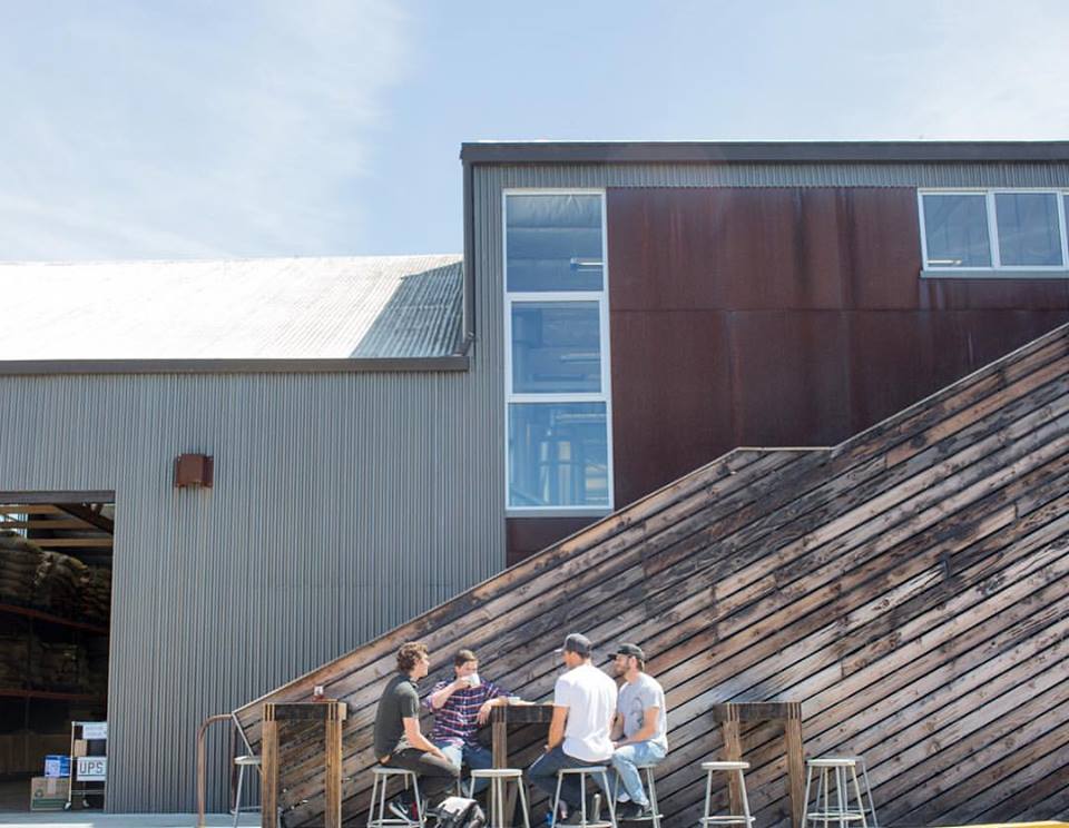 Verve & Humble spitballing coffee beer ideas outside the Seabright roastery.