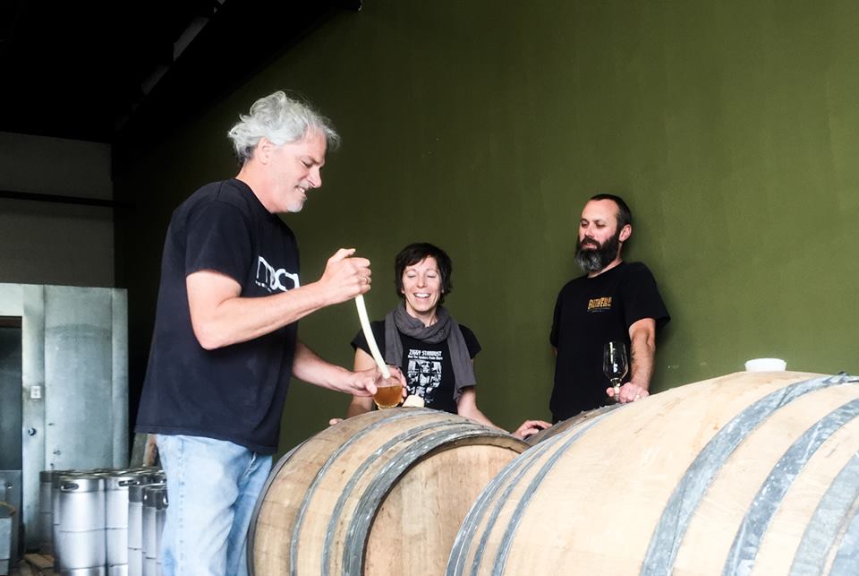Michael of Elkhorn Slough Brewing Co. extracting samples of Jewel, an oak-aged wild farmhouse saison. 