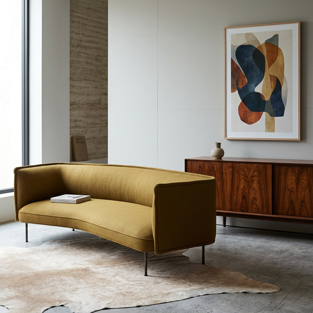 green fabric curved sofa vintage mid century modern