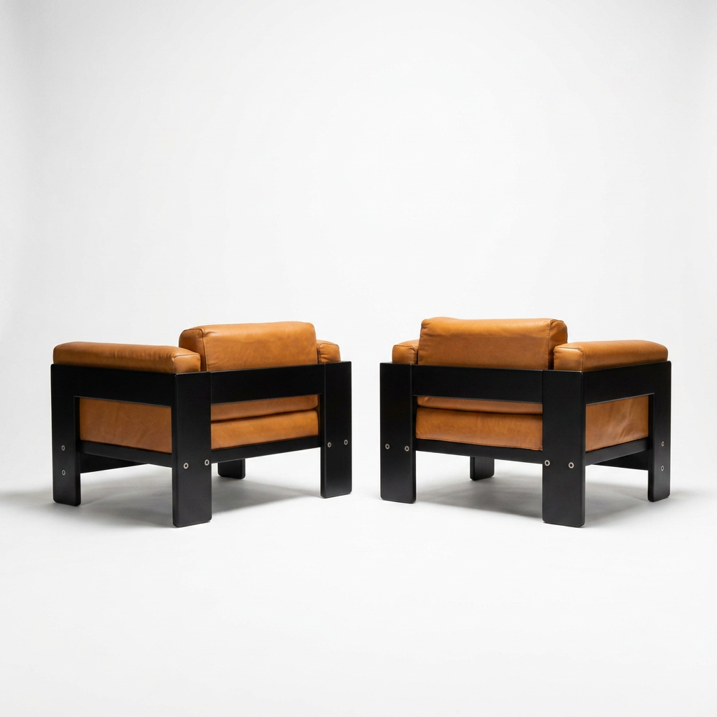 vintage mid century modern italian leather and timber Bastiano lounge chairs