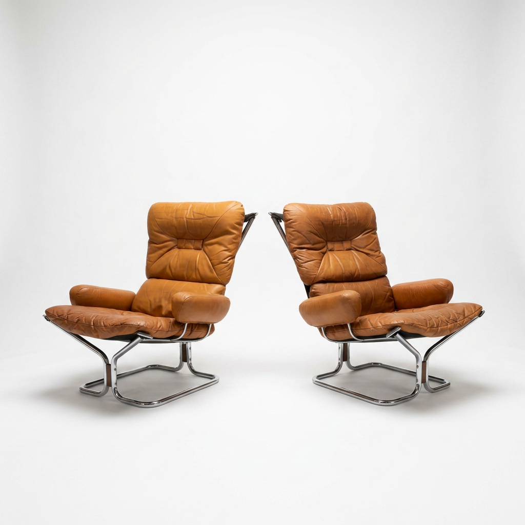 vintage mid century danish chrome and leather lounge chair