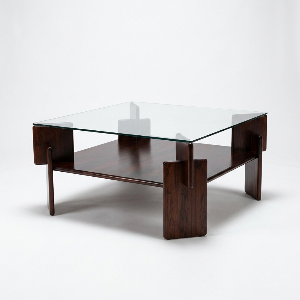 glass and rosewood mid century glass topped coffee table for sale