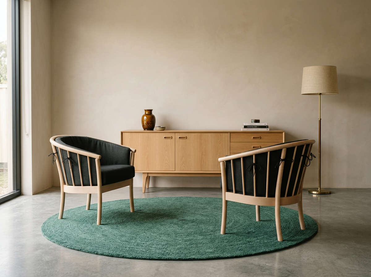vintage mid century blonde oak and grey fabric Danish lounge chairs