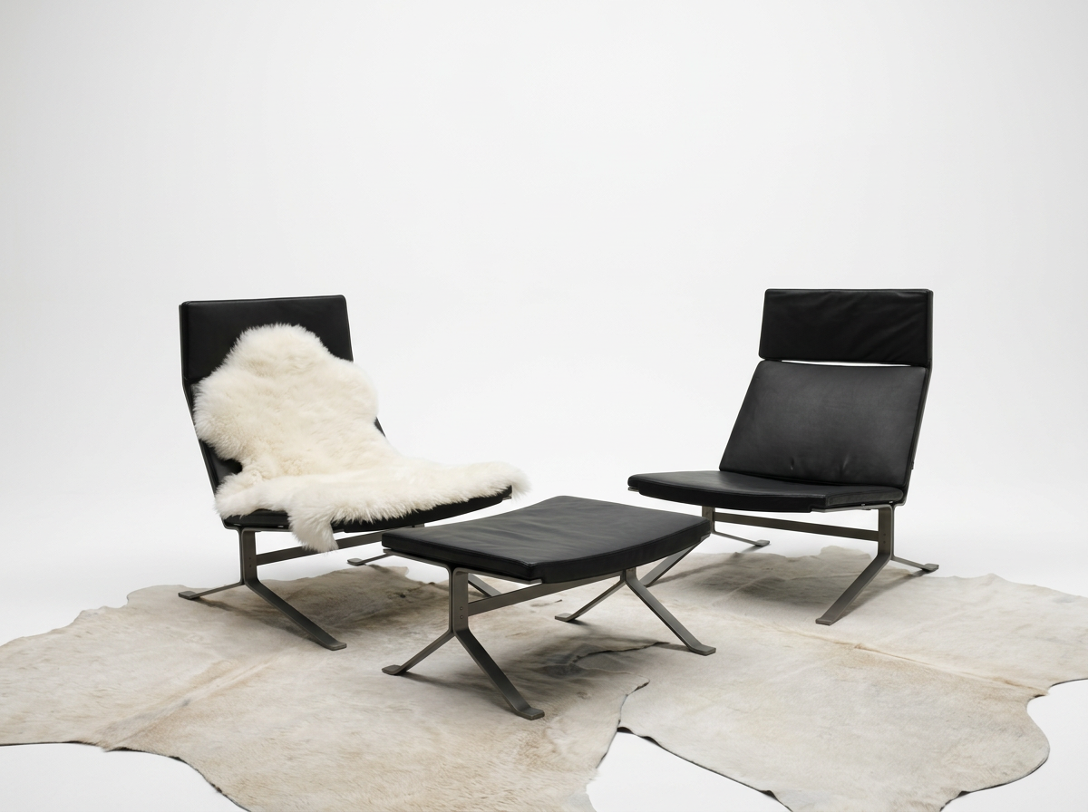 mid century modern steel and black leather lounge chairs for sale Melbourne