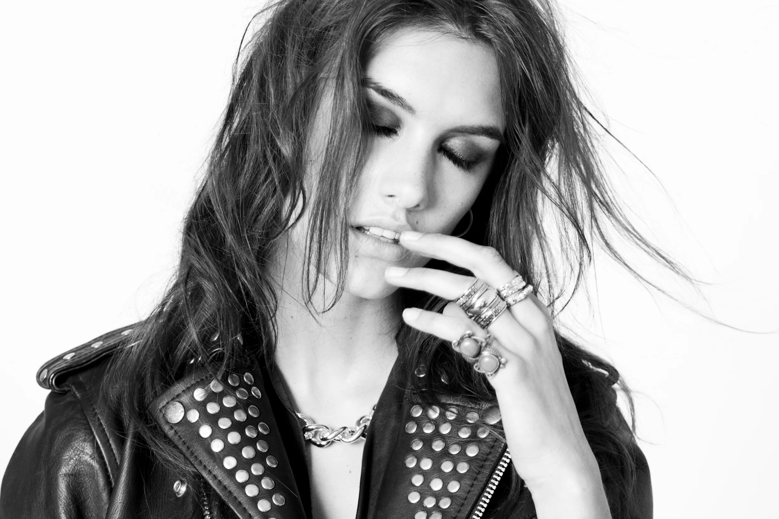 PHOTOGRAPHER - LAUREN LONCAR STYLIST - ANGELA KELLEY 1 OF A FIND PIECES: 1980s Cropped Leather Jacket with all-over studds