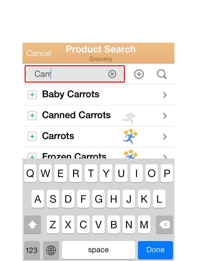  Let’s try to add Carrots. Tap the “+” icon in bottom bar, and start typing “Carrots”. 